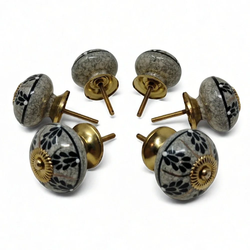 Handmade Ceramic Cabinet Knob Set 6 Floral Crackle Glaze Gold Accent Cottagecore